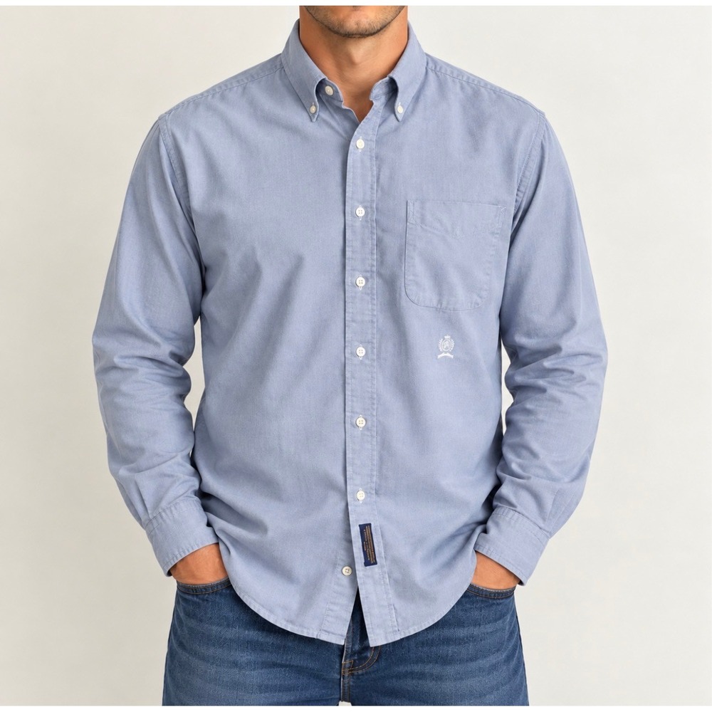 Tommy Hilfiger Button Down Shirt 17.5-34 Blue Good Collegiate Oxford Crest